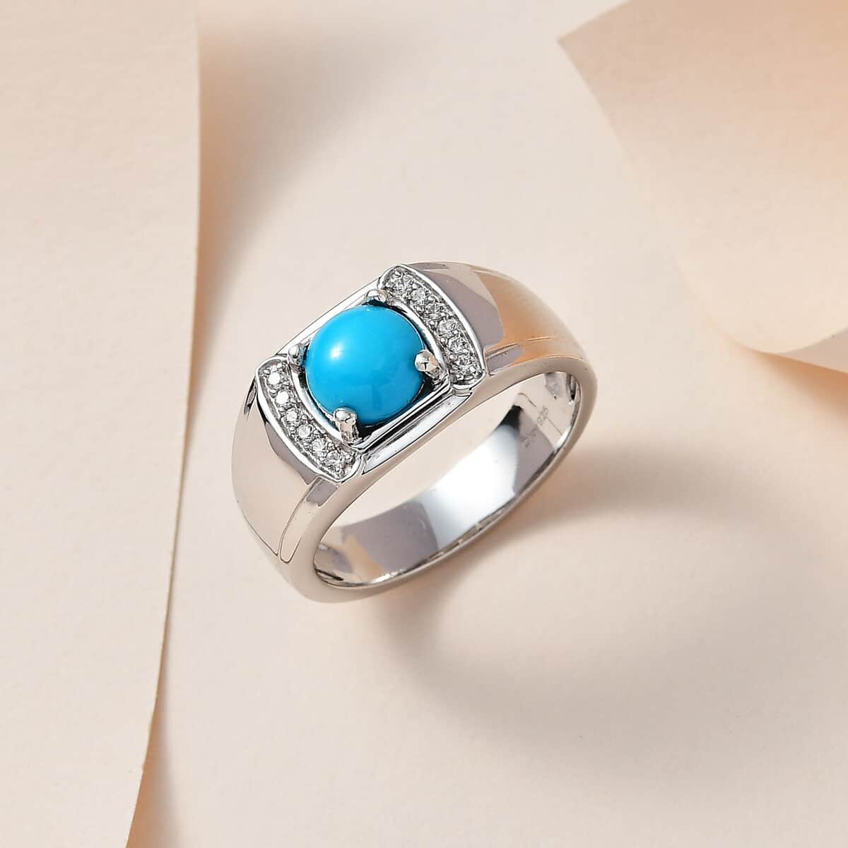 Sleeping Beauty Turquoise and White Zircon Men's Ring in Platinum Over Sterling Silver (Size 10.0) 1.85 ctw image number 1