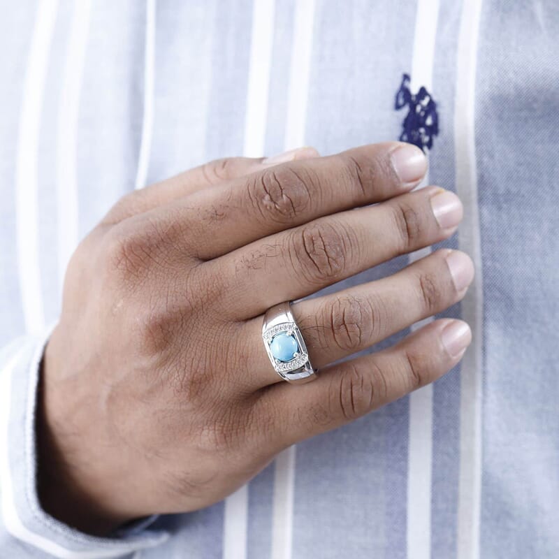 Sleeping Beauty Turquoise and White Zircon Men's Ring in Platinum Over Sterling Silver (Size 10.0) 1.85 ctw