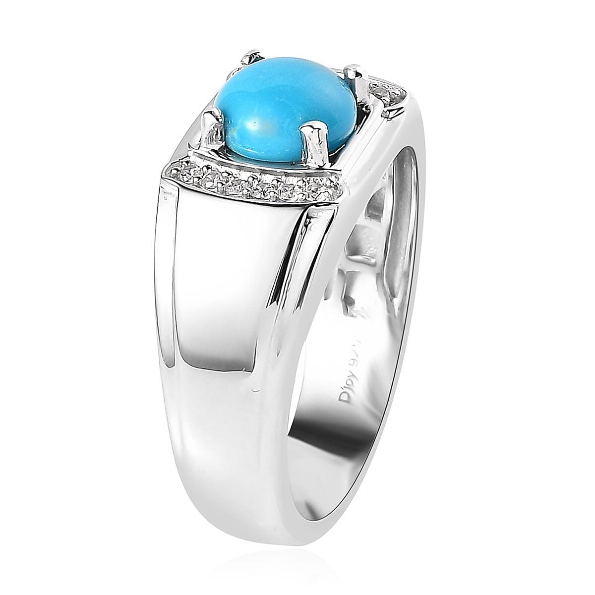 Sleeping Beauty Turquoise and White Zircon Men's Ring in Platinum Over Sterling Silver (Size 10.0) 1.85 ctw