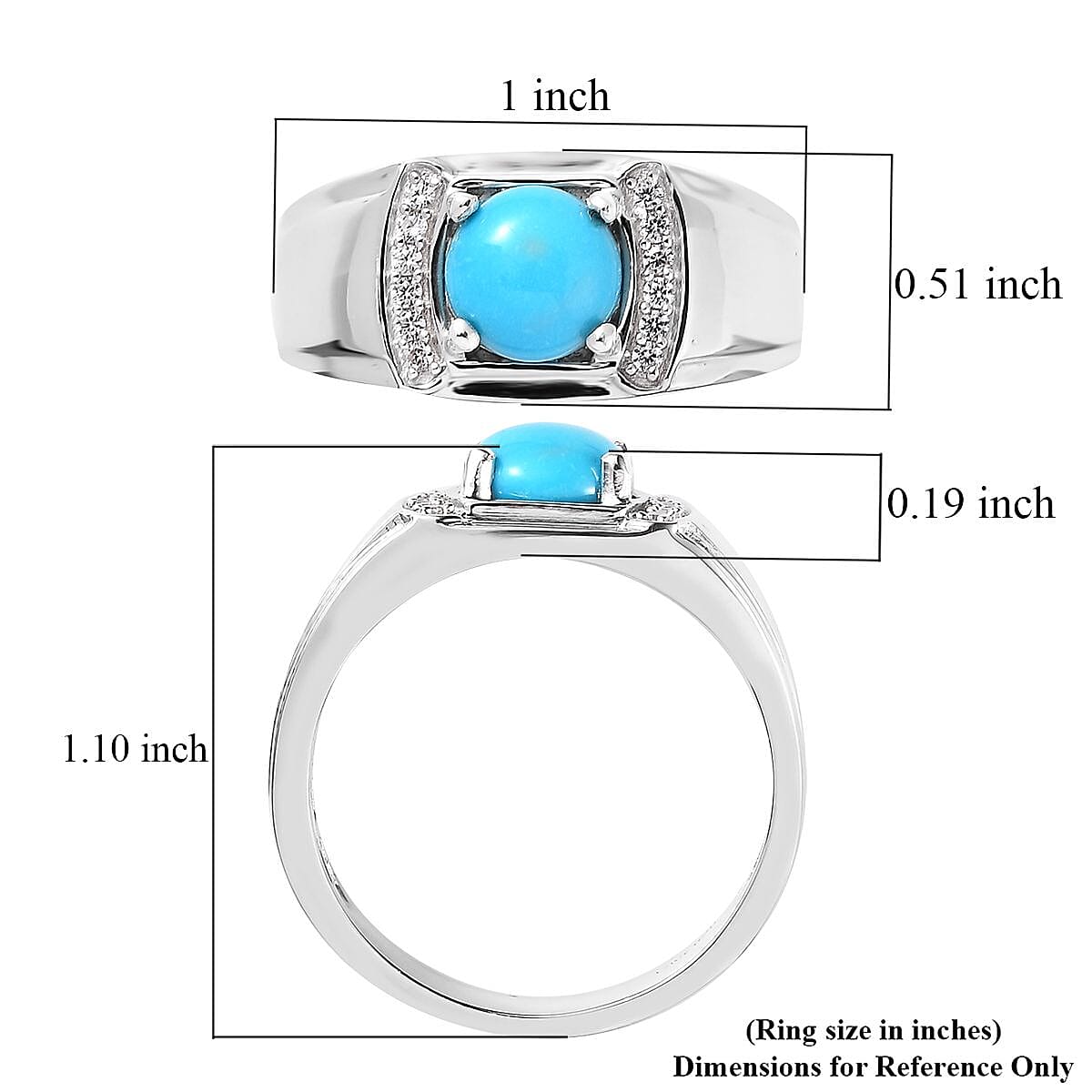 Sleeping Beauty Turquoise and White Zircon Men's Ring in Platinum Over Sterling Silver (Size 10.0) 1.85 ctw