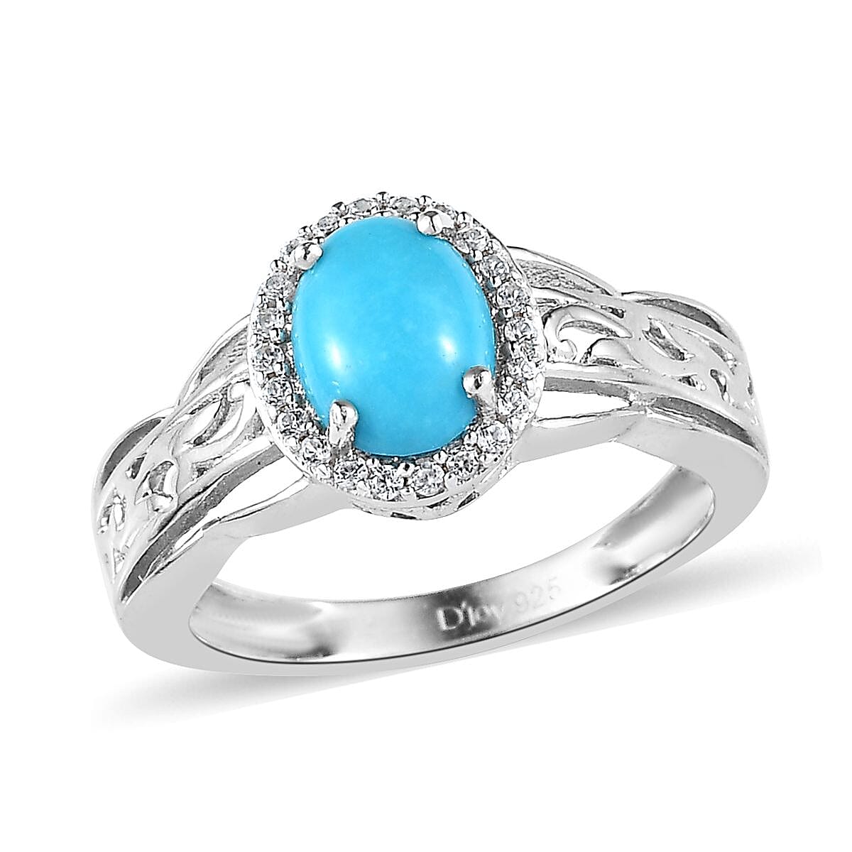 Sleeping Beauty Turquoise and White Zircon Halo Ring in Platinum Over Sterling Silver (Size 10.0) 1.25 ctw