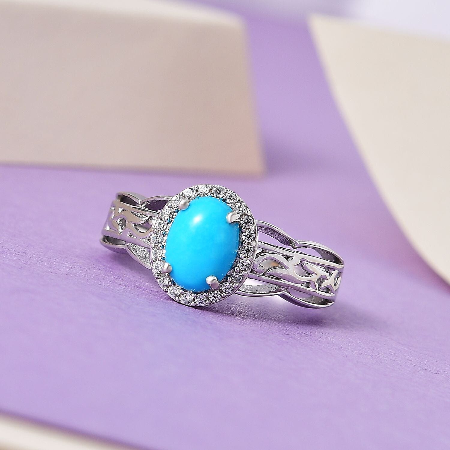 Sleeping Beauty Turquoise and White Zircon Halo Ring in Platinum Over Sterling Silver (Size 10.0) 1.25 ctw