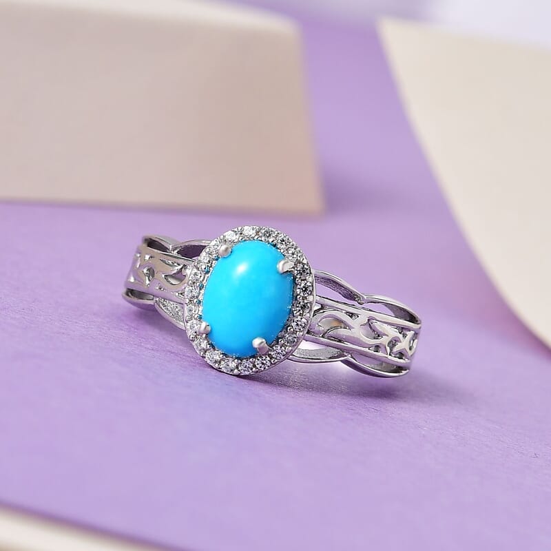 Sleeping Beauty Turquoise and White Zircon Halo Ring in Platinum Over Sterling Silver (Size 10.0) 1.25 ctw