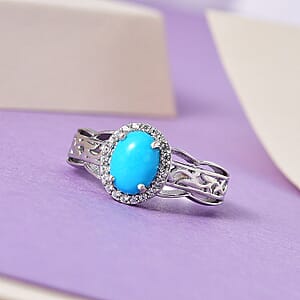 Sleeping Beauty Turquoise and White Zircon Halo Ring in Platinum Over Sterling Silver (Size 7.0) 1.25 ctw