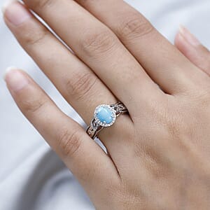 Sleeping Beauty Turquoise and White Zircon Halo Ring in Platinum Over Sterling Silver (Size 7.0) 1.25 ctw
