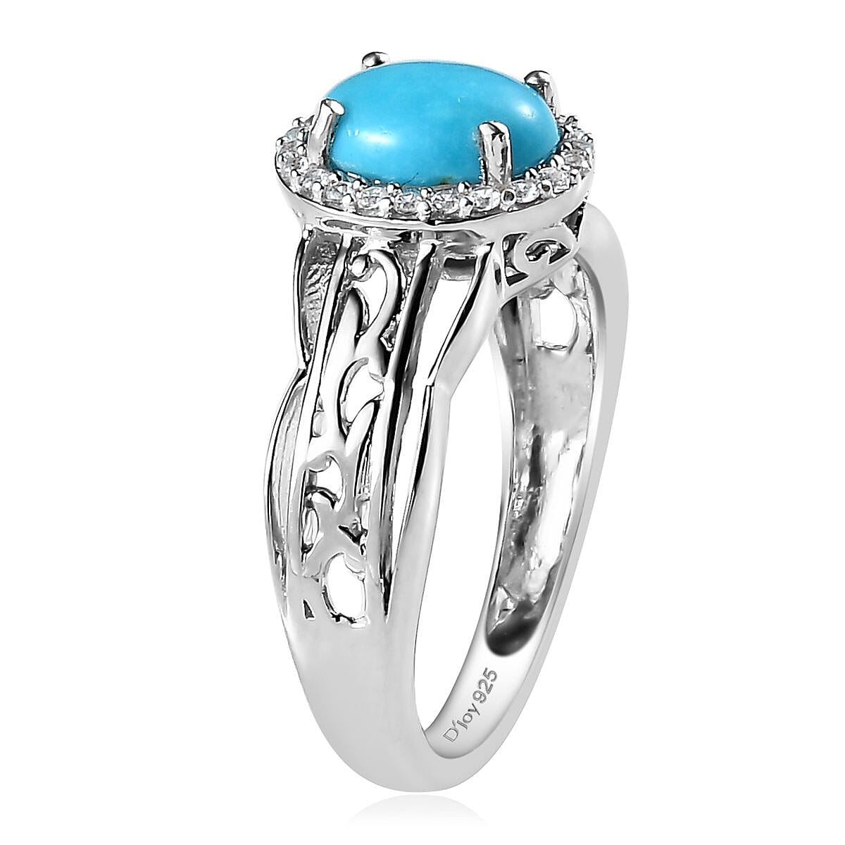 Sleeping Beauty Turquoise and White Zircon Halo Ring in Platinum Over Sterling Silver (Size 7.0) 1.25 ctw image number 3