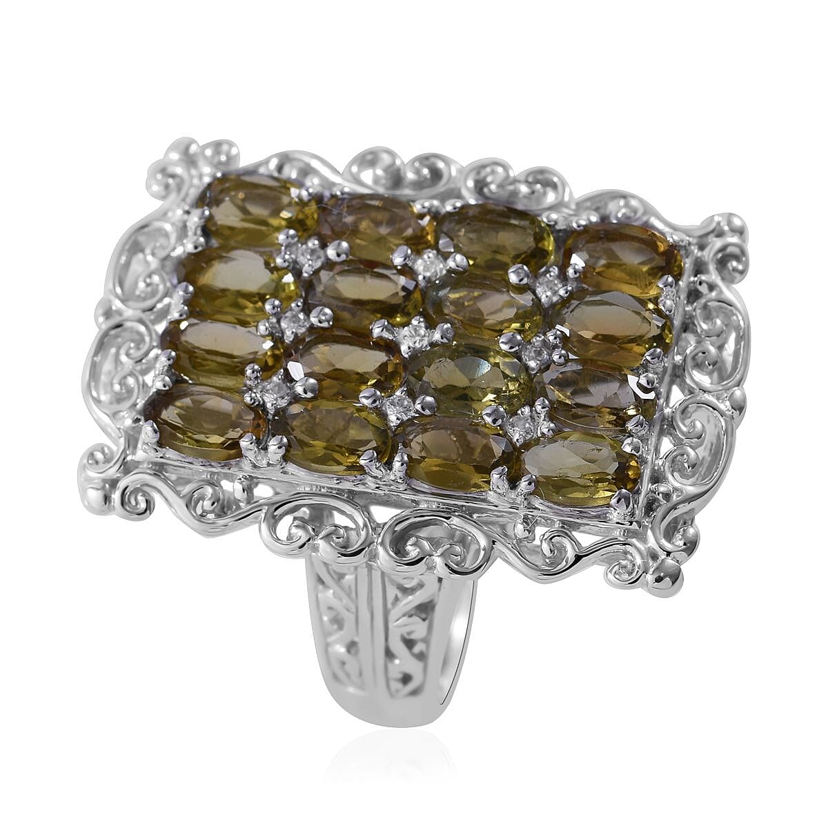 Shade of Yellow Tourmaline and White Zircon Elongated Ring in Platinum Over Sterling Silver (Size 6.0) 3.85 ctw image number 2