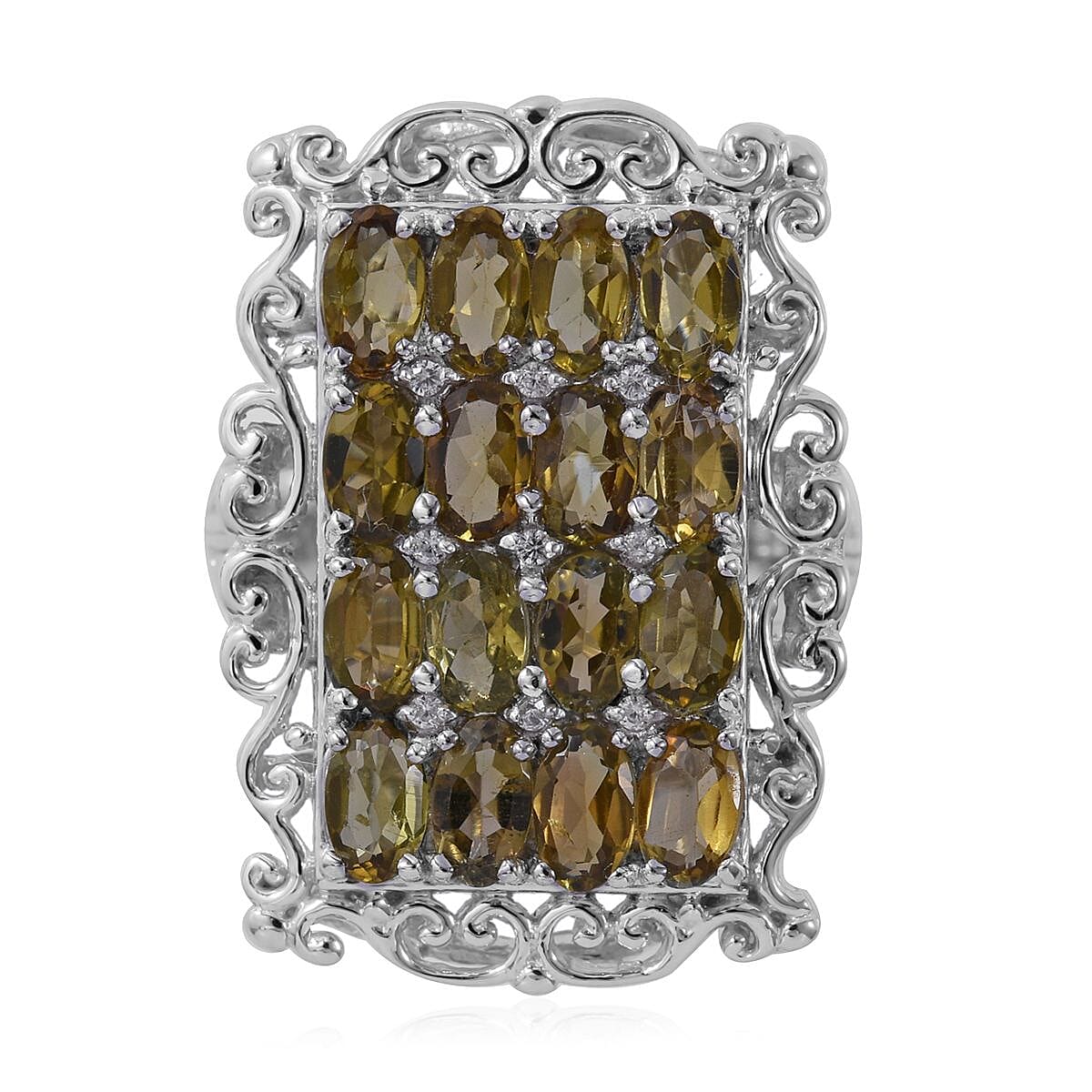 Doorbuster Shade of Green Tourmaline, White Zircon Elongated Ring in Platinum Over Sterling Silver (Size 8.0) 3.85 ctw