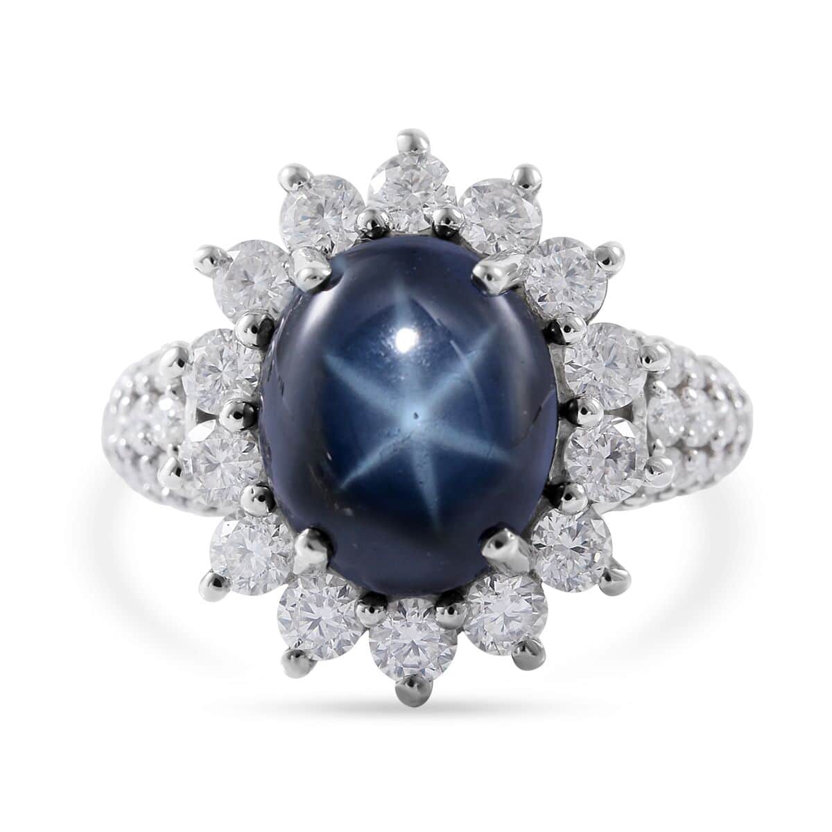 Blue Star Sapphire (DF) and Moissanite Sunburst Ring in Platinum Over Sterling Silver (Size 10.0) 7.50 ctw image number 0