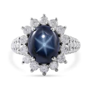 Blue Star Sapphire (DF) and Moissanite Sunburst Ring in Platinum Over Sterling Silver (Size 10.0) 7.50 ctw