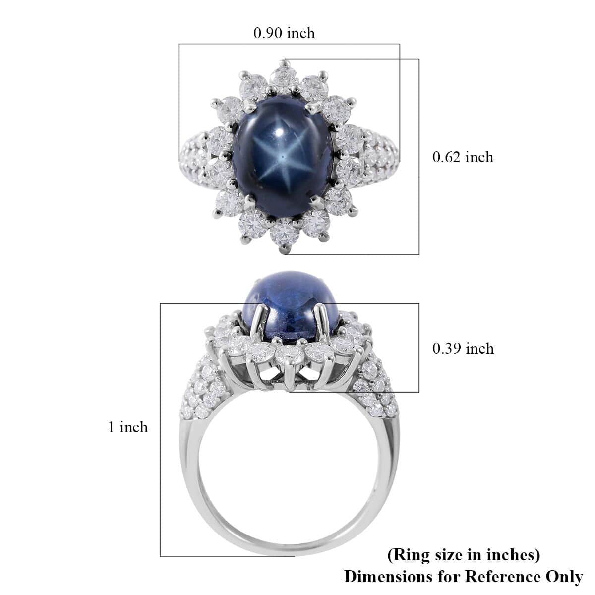 Blue Star Sapphire (DF) and Moissanite Sunburst Ring in Platinum Over Sterling Silver (Size 10.0) 7.50 ctw image number 4