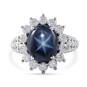 Blue Star Sapphire (DF) and Moissanite Sunburst Ring in Platinum Over Sterling Silver (Size 9.0) 7.50 ctw