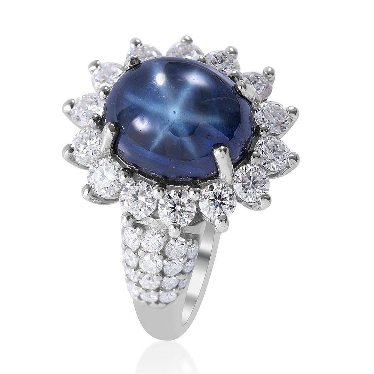 Blue Star Sapphire (DF) and Moissanite Sunburst Ring in Platinum Over Sterling Silver (Size 9.0) 7.50 ctw image number 2