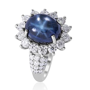 Blue Star Sapphire (DF) and Moissanite Sunburst Ring in Platinum Over Sterling Silver (Size 9.0) 7.50 ctw