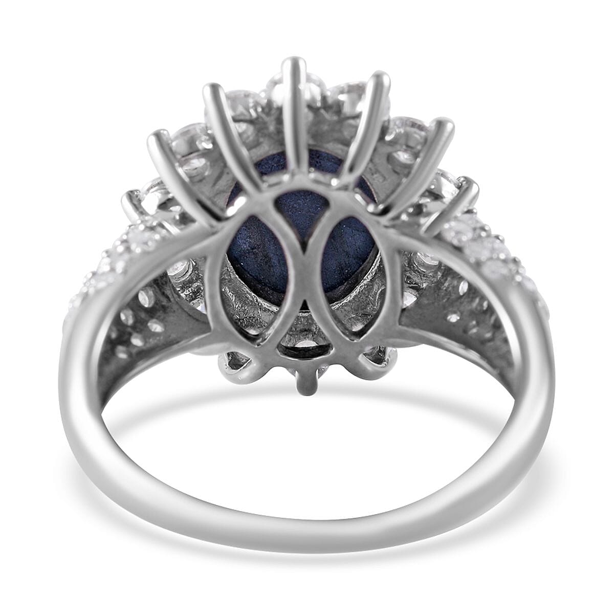 Blue Star Sapphire (DF) and Moissanite Sunburst Ring in Platinum Over Sterling Silver (Size 9.0) 7.50 ctw image number 3