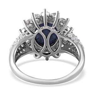 Blue Star Sapphire (DF) and Moissanite Sunburst Ring in Platinum Over Sterling Silver (Size 9.0) 7.50 ctw
