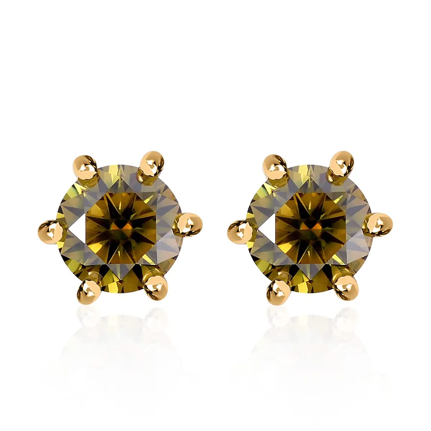 Olive Green Moissanite Solitaire Stud Earrings in Vermeil Yellow Gold Over Sterling Silver 1.90 ctw