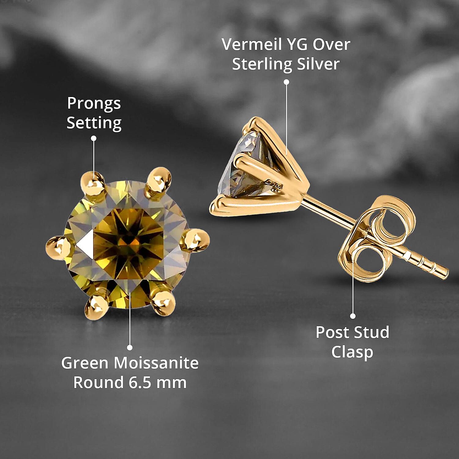 Olive Green Moissanite Solitaire Stud Earrings in Vermeil Yellow Gold Over Sterling Silver 1.90 ctw