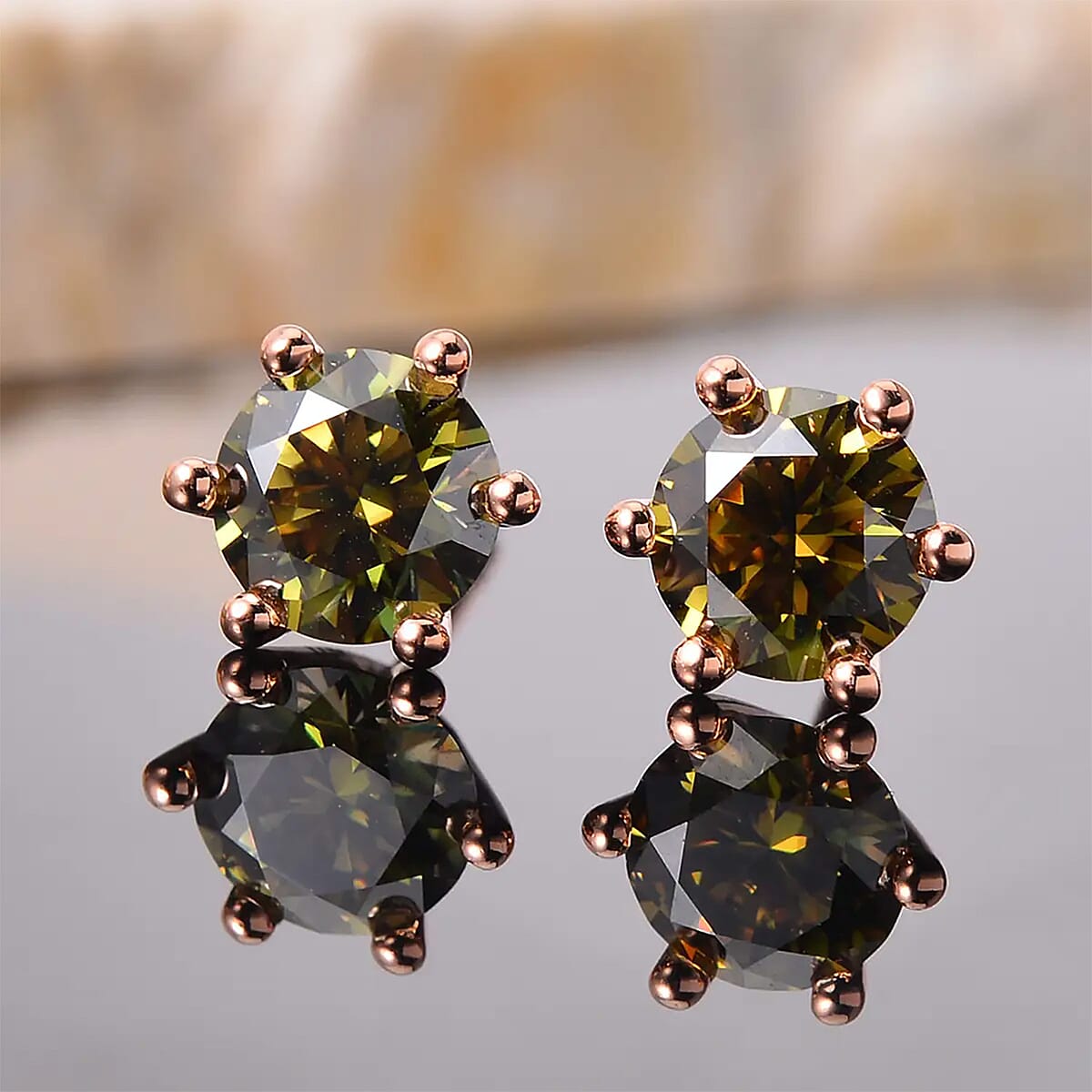 Olive Green Moissanite Solitaire Stud Earrings in Vermeil Rose Gold Over Sterling Silver 1.90 ctw image number 1