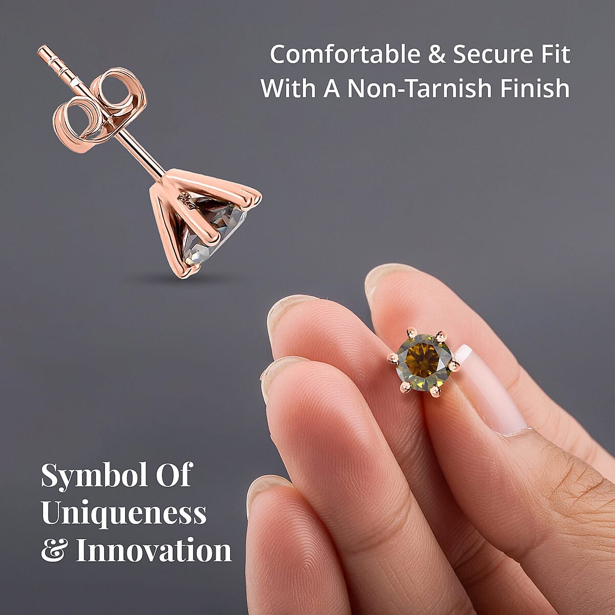Olive Green Moissanite Solitaire Stud Earrings in Vermeil Rose Gold Over Sterling Silver 1.90 ctw image number 3