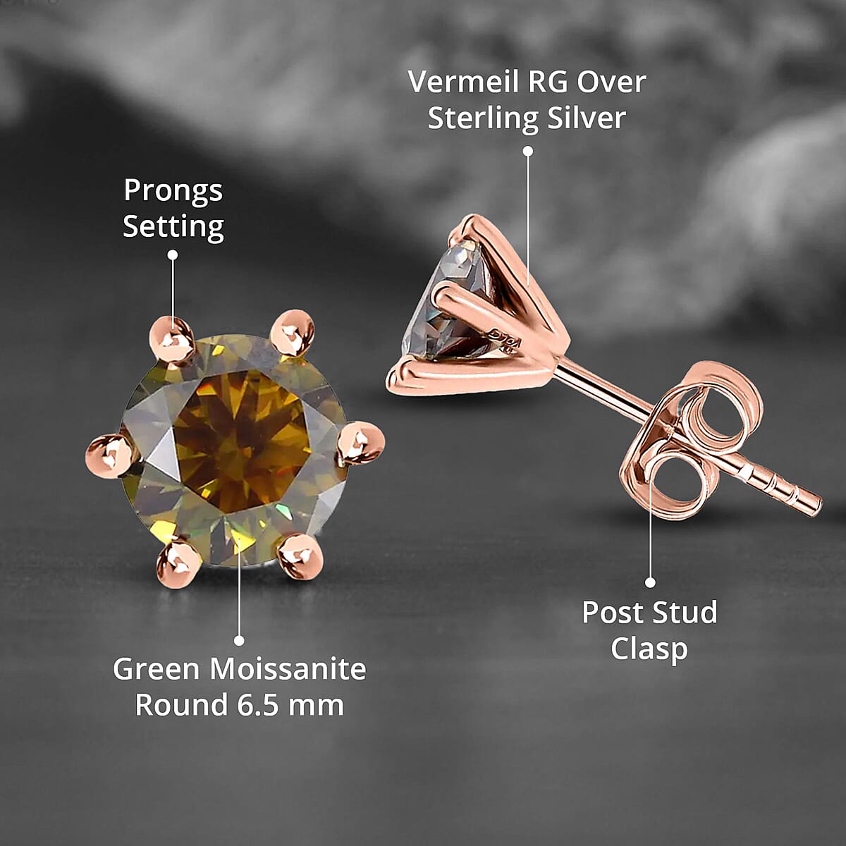 Olive Green Moissanite Solitaire Stud Earrings in Vermeil Rose Gold Over Sterling Silver 1.90 ctw image number 4