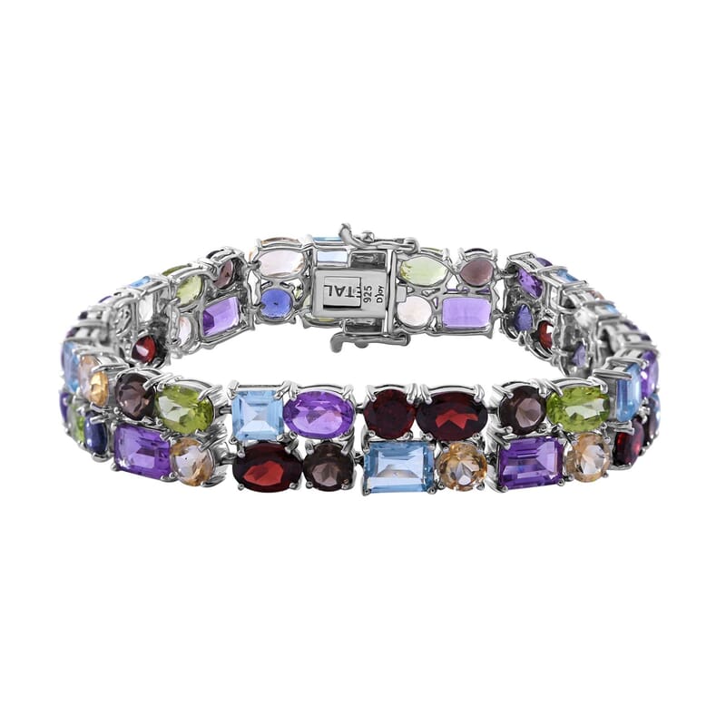Multi Gemstone 2 Row Bracelet in Platinum Over Sterling Silver (6.50 In) 37.85 ctw