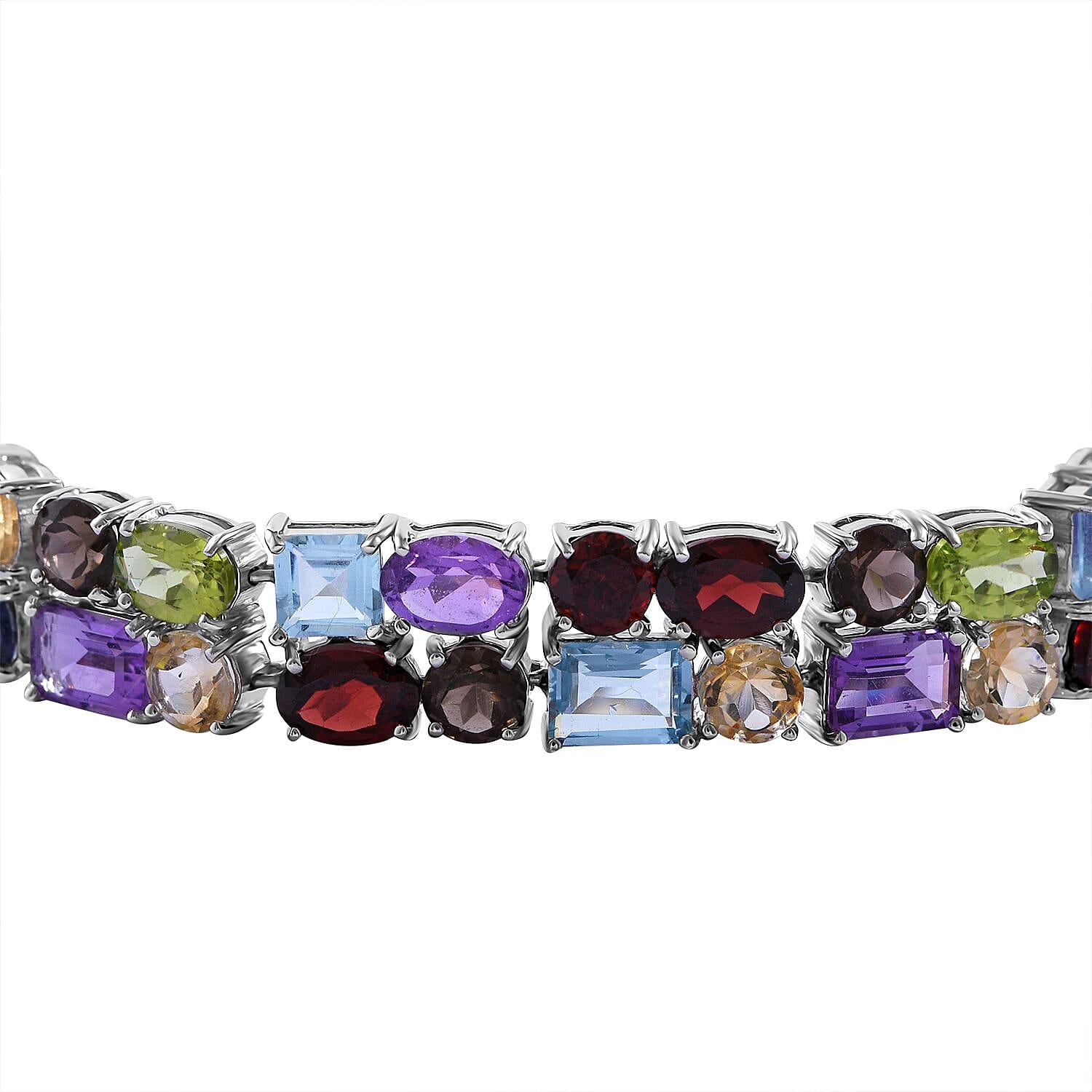 Multi Gemstone 2 Row Bracelet in Platinum Over Sterling Silver (6.50 In) 37.85 ctw