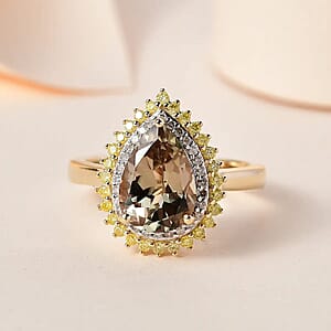 Luxoro AAA Turkizite, I3 Natural Yellow and White Diamond 2.35 ctw Double Halo Ring in 10K Yellow Gold (Size 6.0) 2.35 ctw