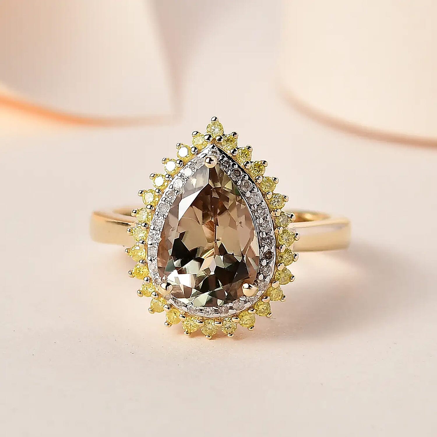 Luxoro 10K Yellow Gold AAA Turkizite, Natural Yellow and White Diamond I3 Double Halo Ring (Size 10.0) 2.35 ctw