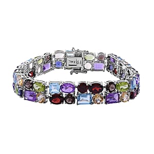 Multi Gemstone 2 Row Bracelet in Platinum Over Sterling Silver (8.00 In) 46.60 ctw