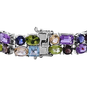Multi Gemstone 2 Row Bracelet in Platinum Over Sterling Silver (8.00 In) 46.60 ctw