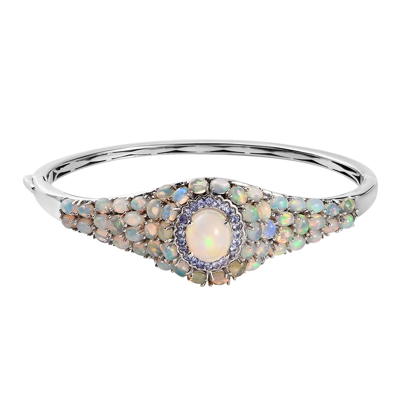 Premium Ethiopian Welo Opal and Tanzanite Bangle Bracelet in Platinum Over Sterling Silver (7.25 in) 9.00 ctw