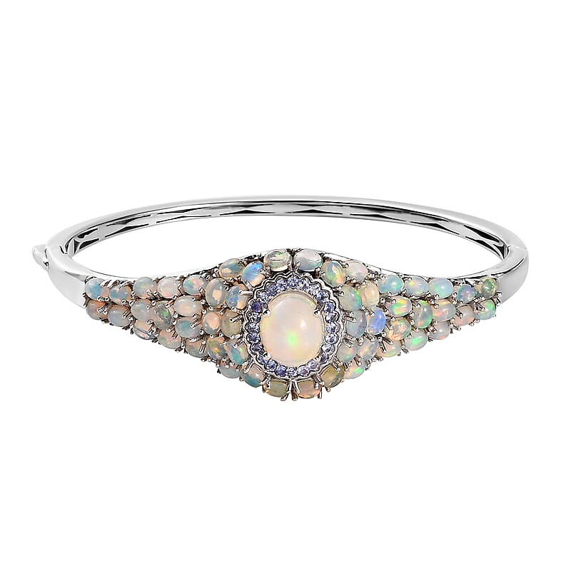 Premium Ethiopian Welo Opal and Tanzanite Bangle Bracelet in Platinum Over Sterling Silver (7.25 in) 9.00 ctw