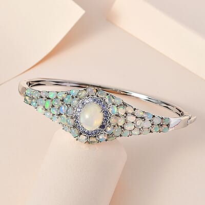 Premium Ethiopian Welo Opal and Tanzanite Bangle Bracelet in Platinum Over Sterling Silver (7.25 in) 9.00 ctw