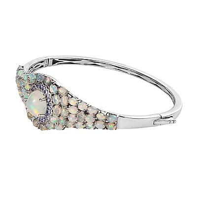 Premium Ethiopian Welo Opal and Tanzanite Bangle Bracelet in Platinum Over Sterling Silver (7.25 in) 9.00 ctw