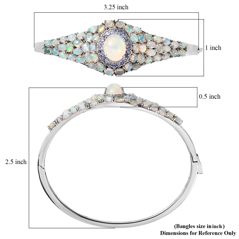 Premium Ethiopian Welo Opal and Tanzanite Bangle Bracelet in Platinum Over Sterling Silver (7.25 in) 9.00 ctw