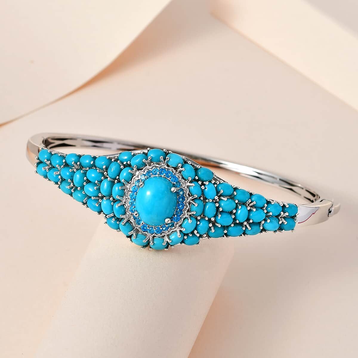 Premium Sleeping Beauty Turquoise and Malgache Neon Apatite Bangle Bracelet in Platinum Over Sterling Silver (7.25 in) 12.20 ctw image number 1