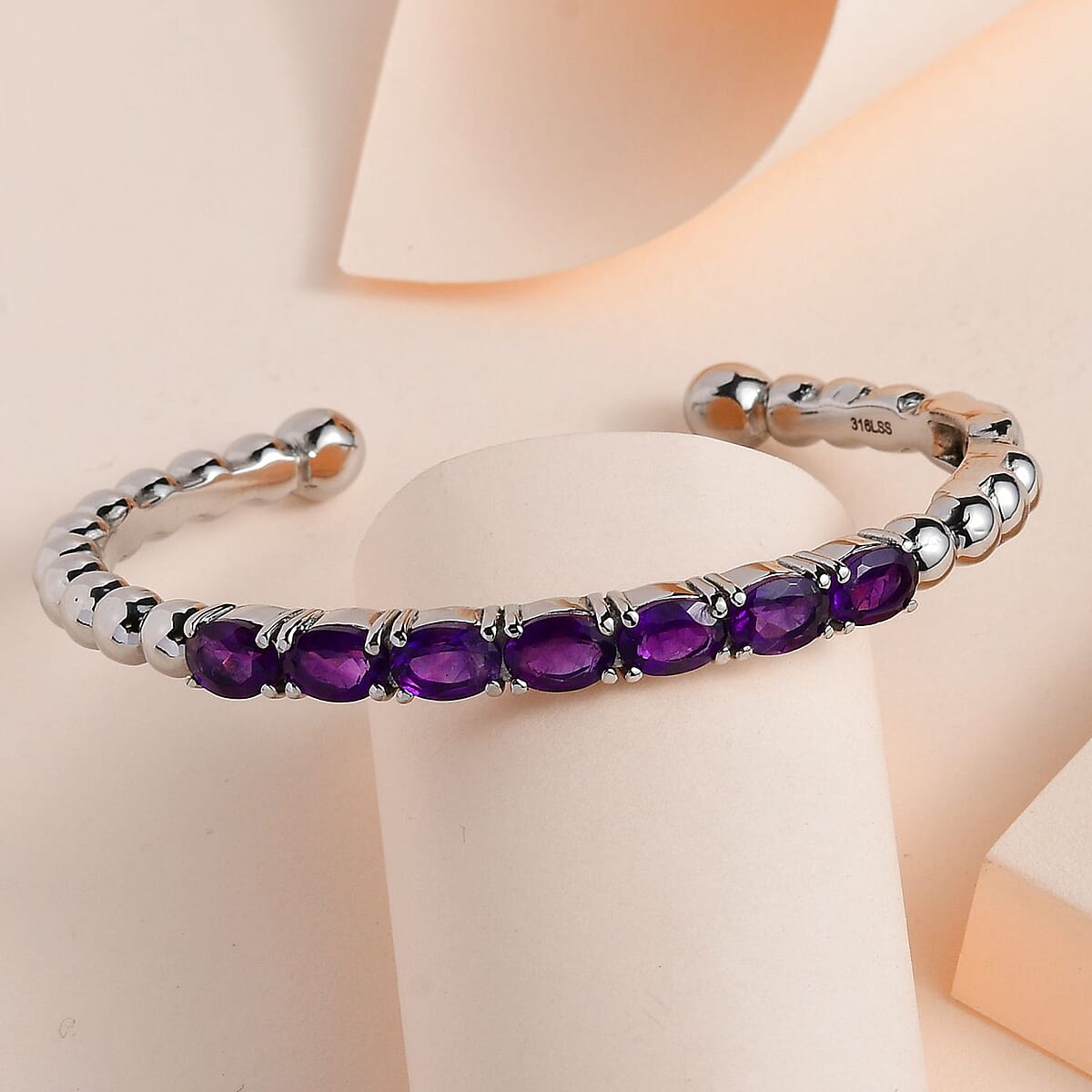 African Amethyst Cuff Bracelet in Stainless Steel (7.25 In) 5.35 ctw image number 1