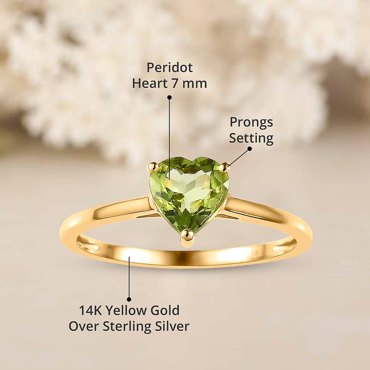 Peridot 1.25 ctw Heart Solitaire Ring in 14K Yellow Gold Over Sterling Silver (Size 7.0) image number 4
