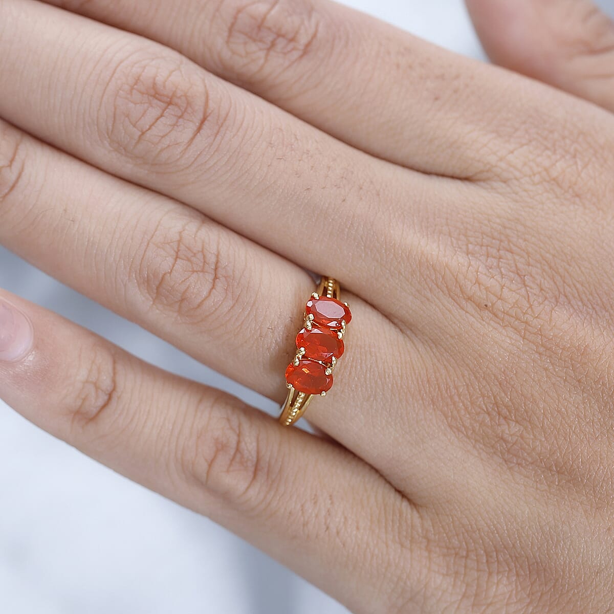 Crimson Fire Opal 3 Stone Ring in 14K YG Over Sterling Silver (Size 6.0) 0.90 ctw image number 2