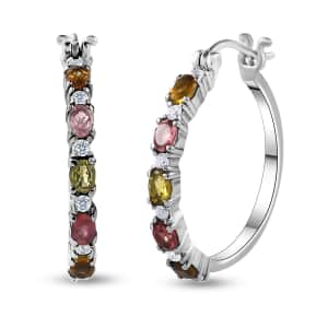 Multi-Tourmaline and White Zircon Hoop Earrings in Stainless Steel 2.40 ctw