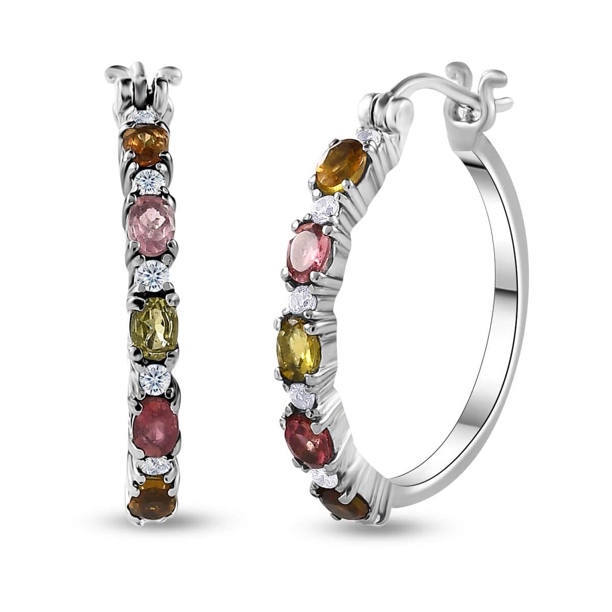 Multi-Tourmaline and White Zircon Hoop Earrings in Stainless Steel 2.40 ctw image number 0