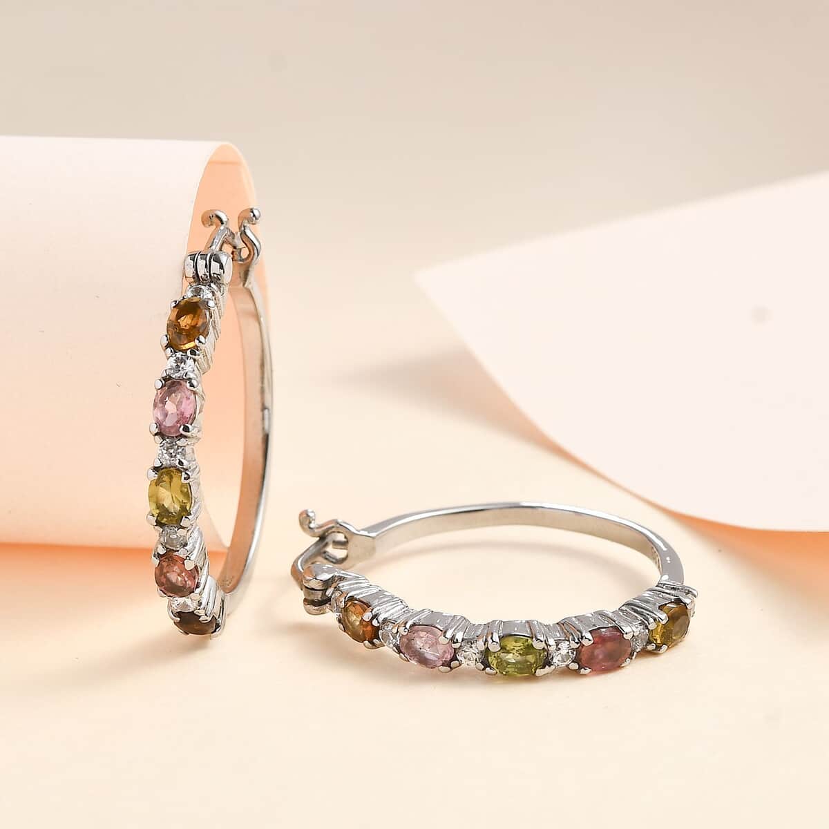 Multi-Tourmaline and White Zircon Hoop Earrings in Stainless Steel 2.40 ctw image number 1