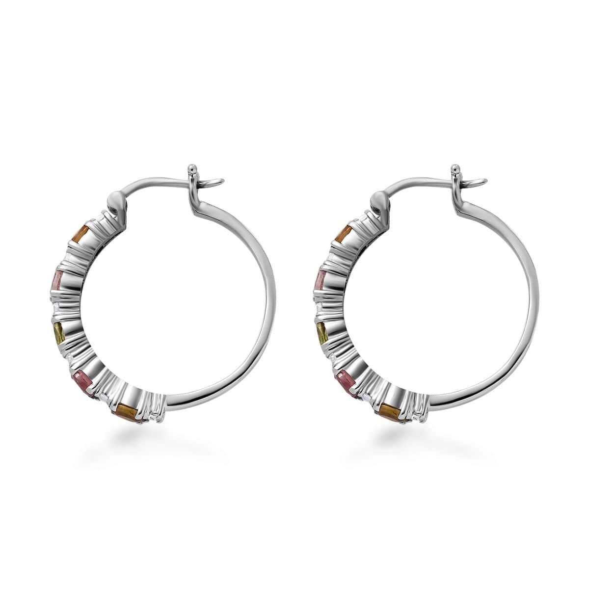 Multi-Tourmaline and White Zircon Hoop Earrings in Stainless Steel 2.40 ctw image number 3