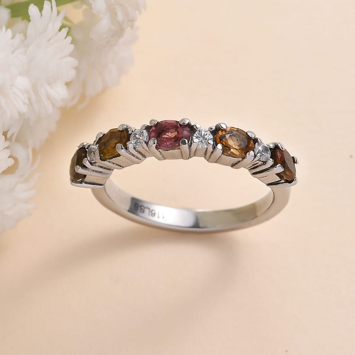Multi-Tourmaline and White Zircon 0.90 ctw Ring in Stainless Steel (Size 6.0) image number 1