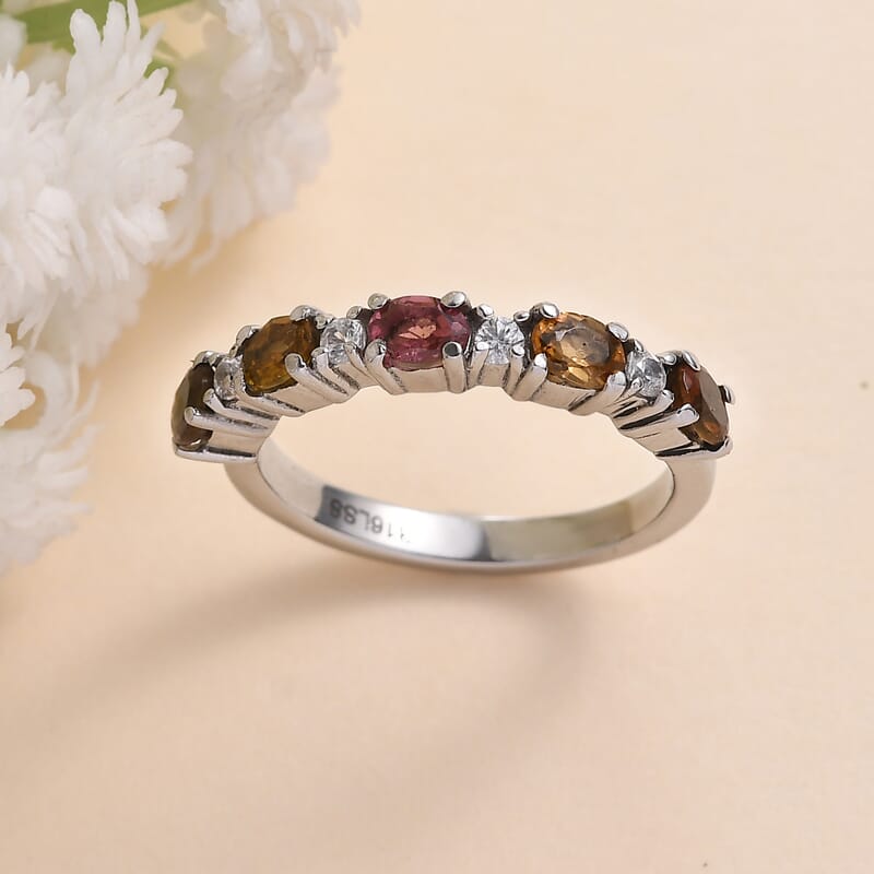 Multi-Tourmaline and White Zircon 0.90 ctw Ring in Stainless Steel (Size 8.0)