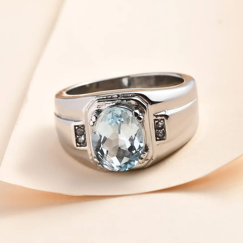 Blue Topaz and White Zircon Men's Ring in Stainless Steel (Size 10.0) 3.15 ctw