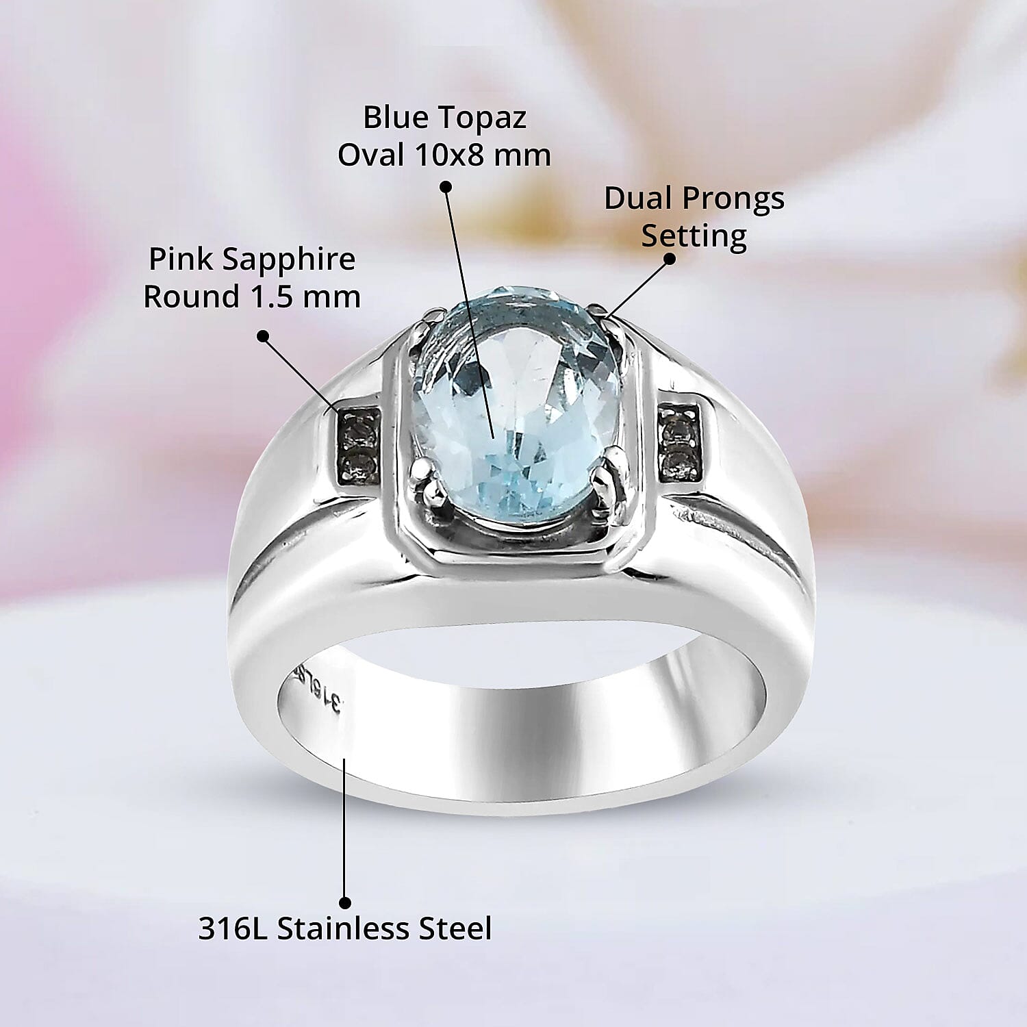Blue Topaz and White Zircon Men's Ring in Stainless Steel (Size 10.0) 3.15 ctw