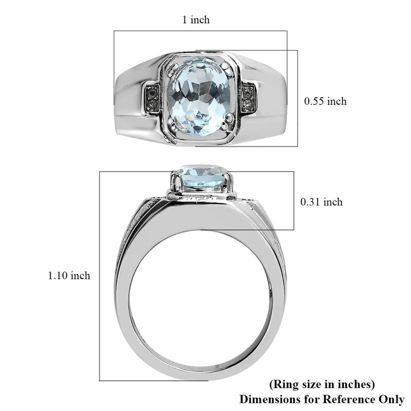 Blue Topaz and White Zircon Men's Ring in Stainless Steel (Size 10.0) 3.15 ctw