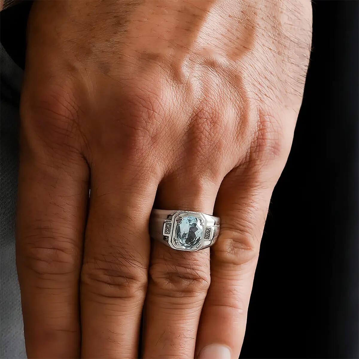 Blue Topaz and White Zircon Men's Ring in Stainless Steel (Size 11.0) 3.15 ctw image number 7